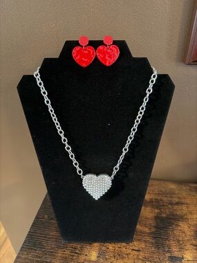 Red Heart Earrings and Silver Crystal Heart Necklace Set
